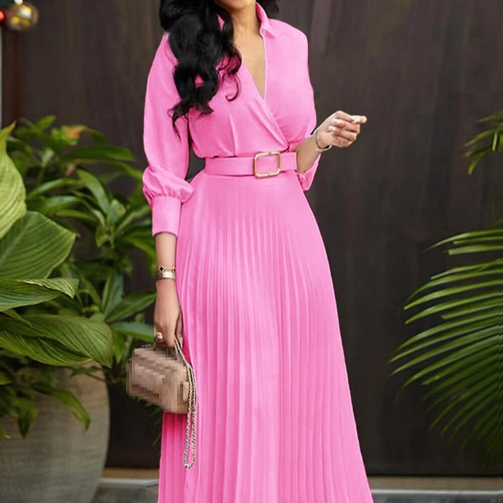 Pink Elegant Women's Waist-Cinched Lightweight Pleated Skirt with Belt